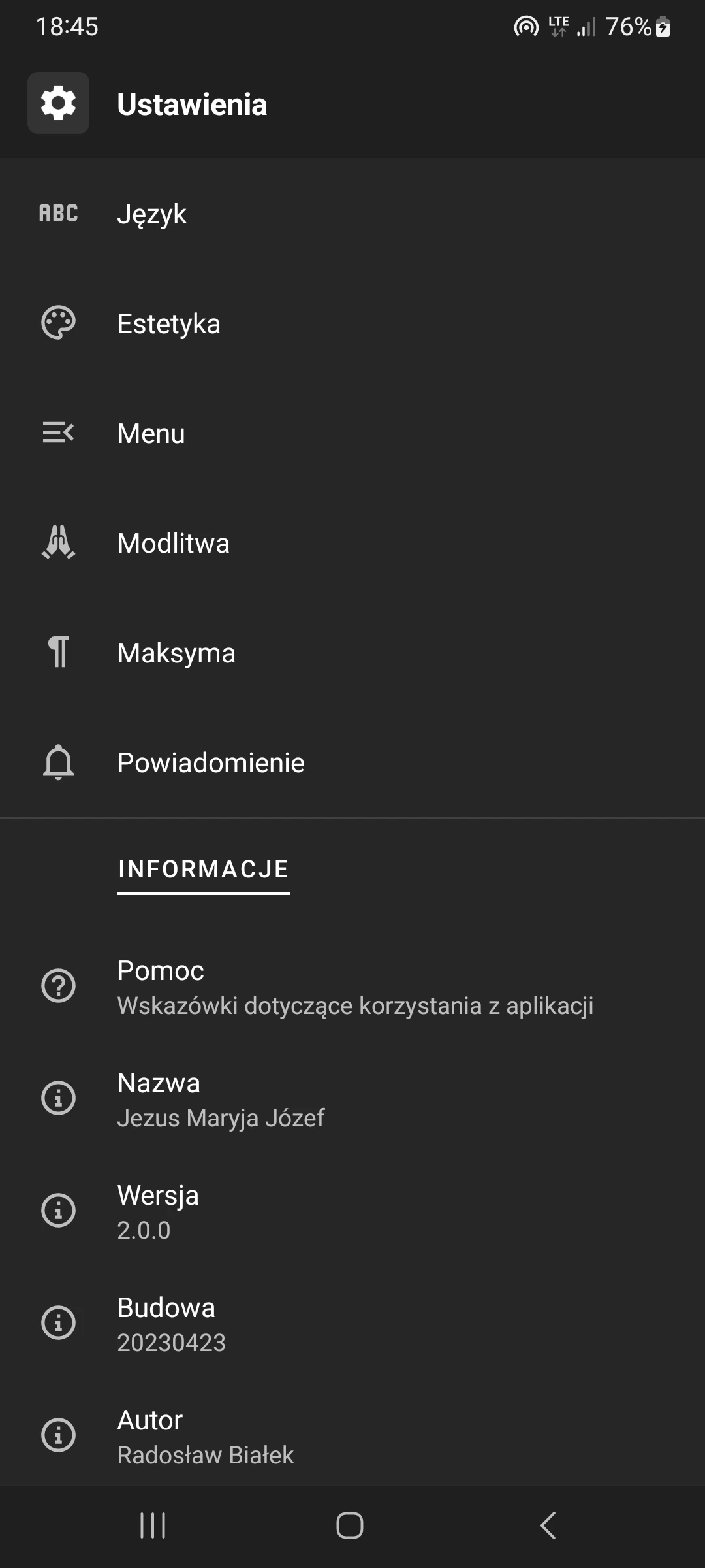 Zrzut ekranu 8/8 aplikacji Jezus Maryja Józef